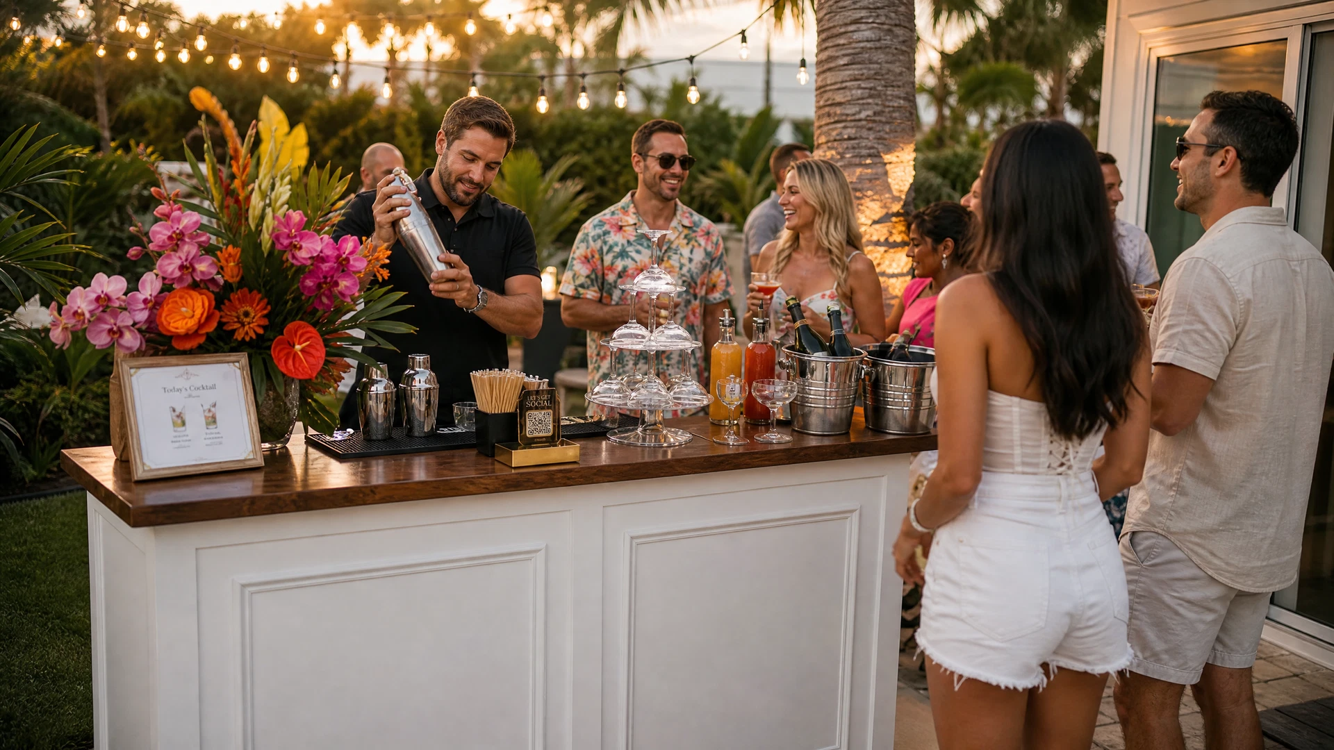 Mobile Bar Orlando outdoor party with bartender mixing drinks under string lights
